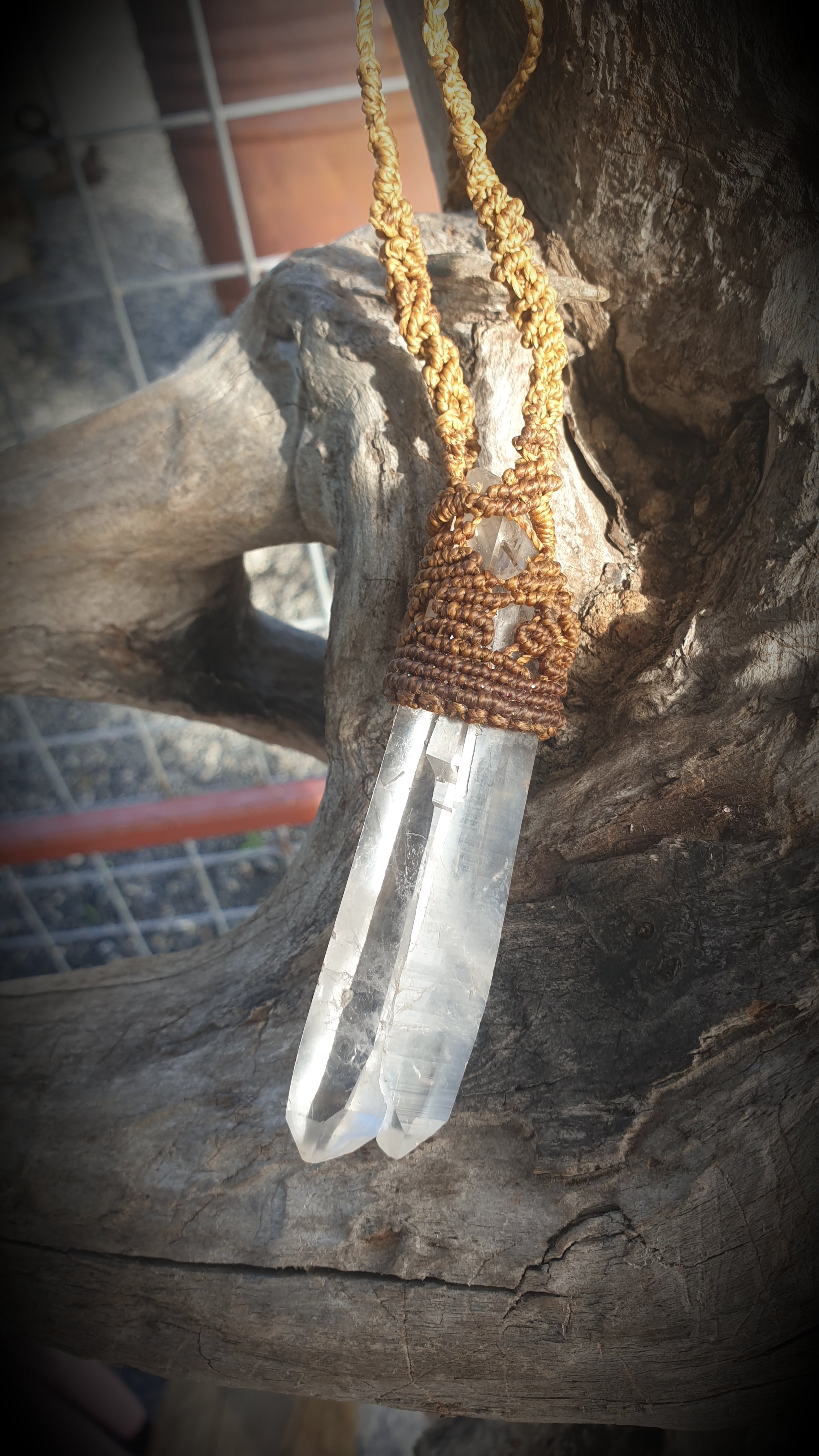 Lemurian - soulmate - tantric twin - double terminated Quartz - top knot Macramè necklace