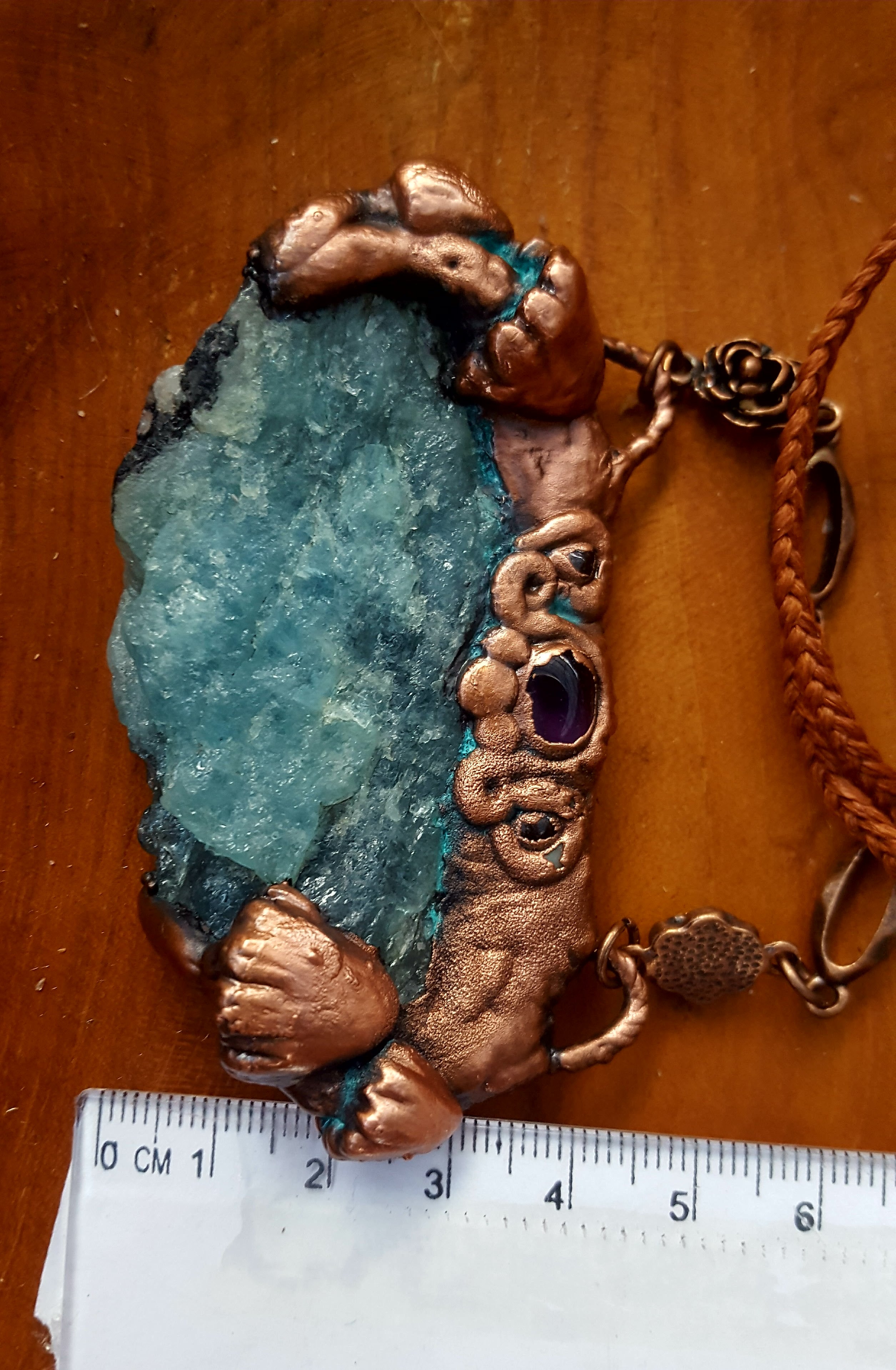 Aquamarine & Sculpted Mushroom set in Copper necklace