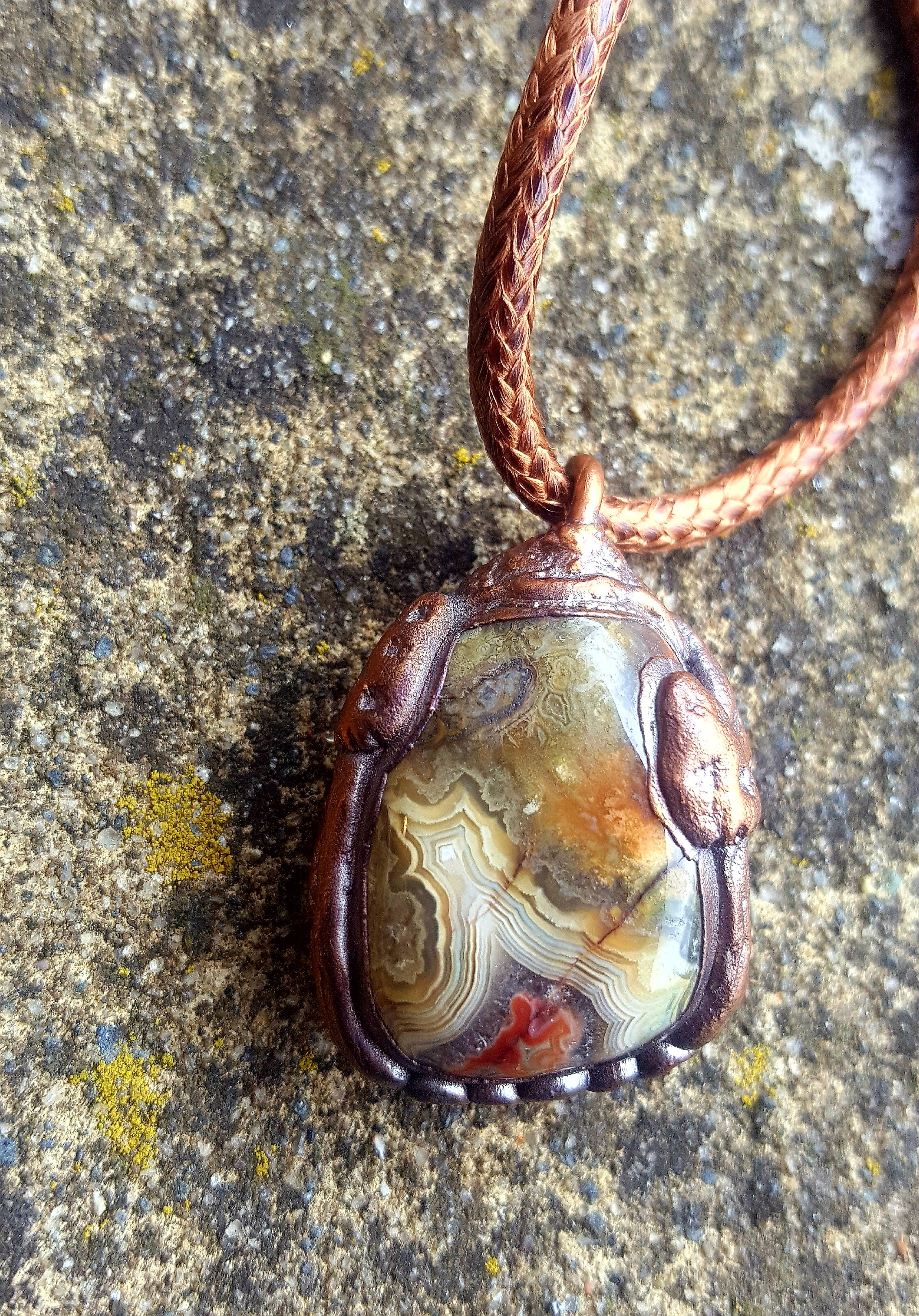 Mexican crazy lace agate Sculpted Mushroom & Copper Necklace