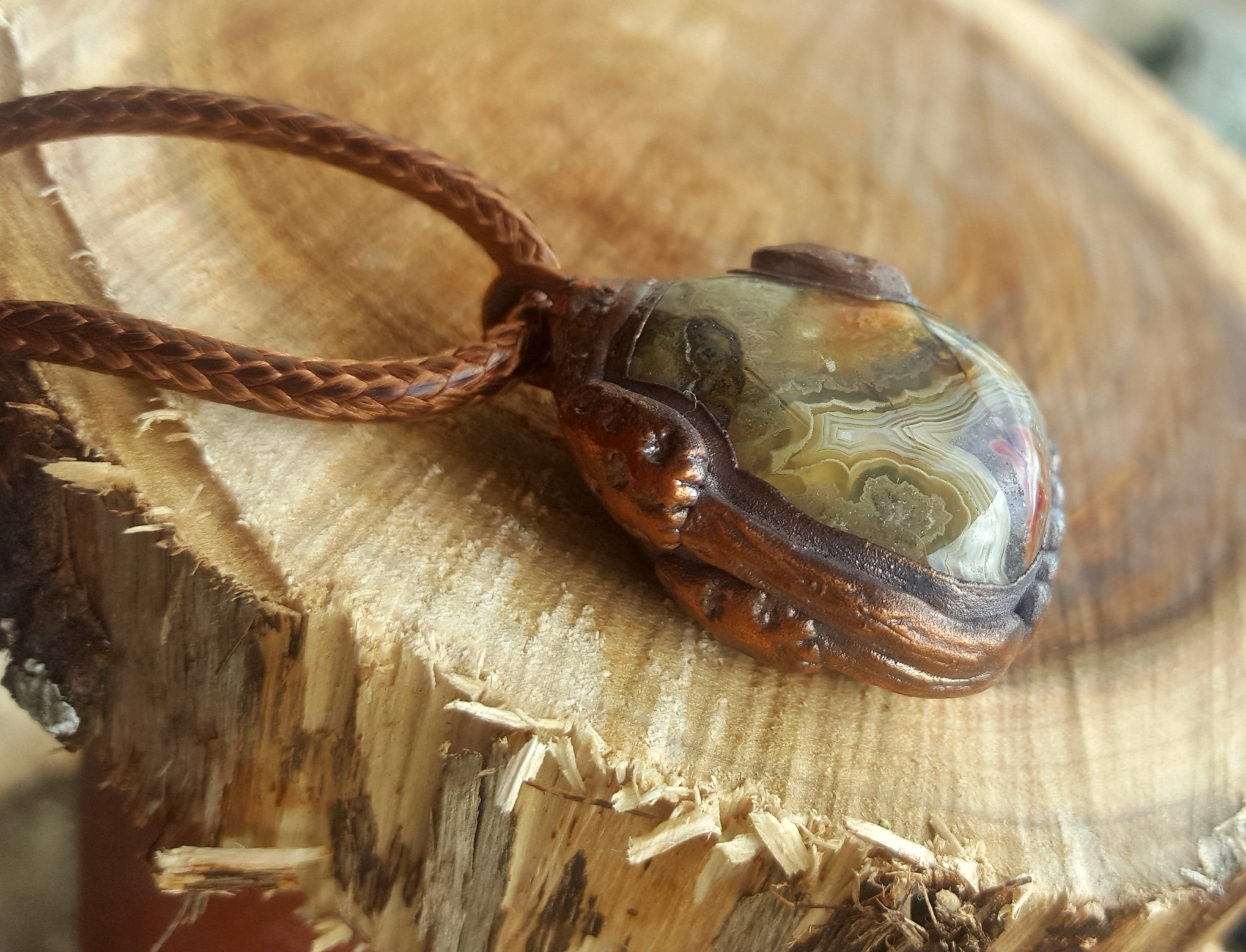 Mexican crazy lace agate Sculpted Mushroom & Copper Necklace