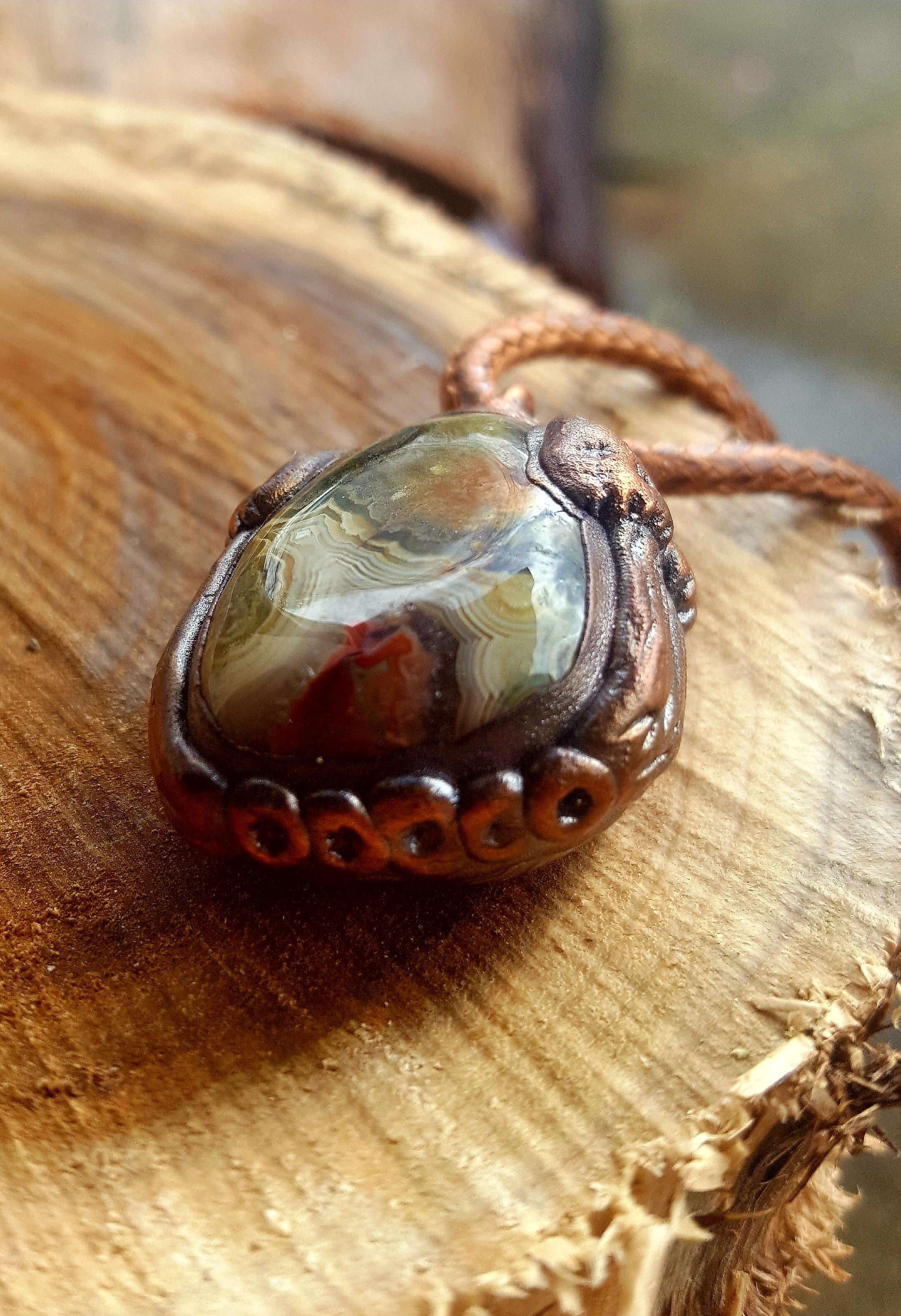 Mexican crazy lace agate Sculpted Mushroom & Copper Necklace