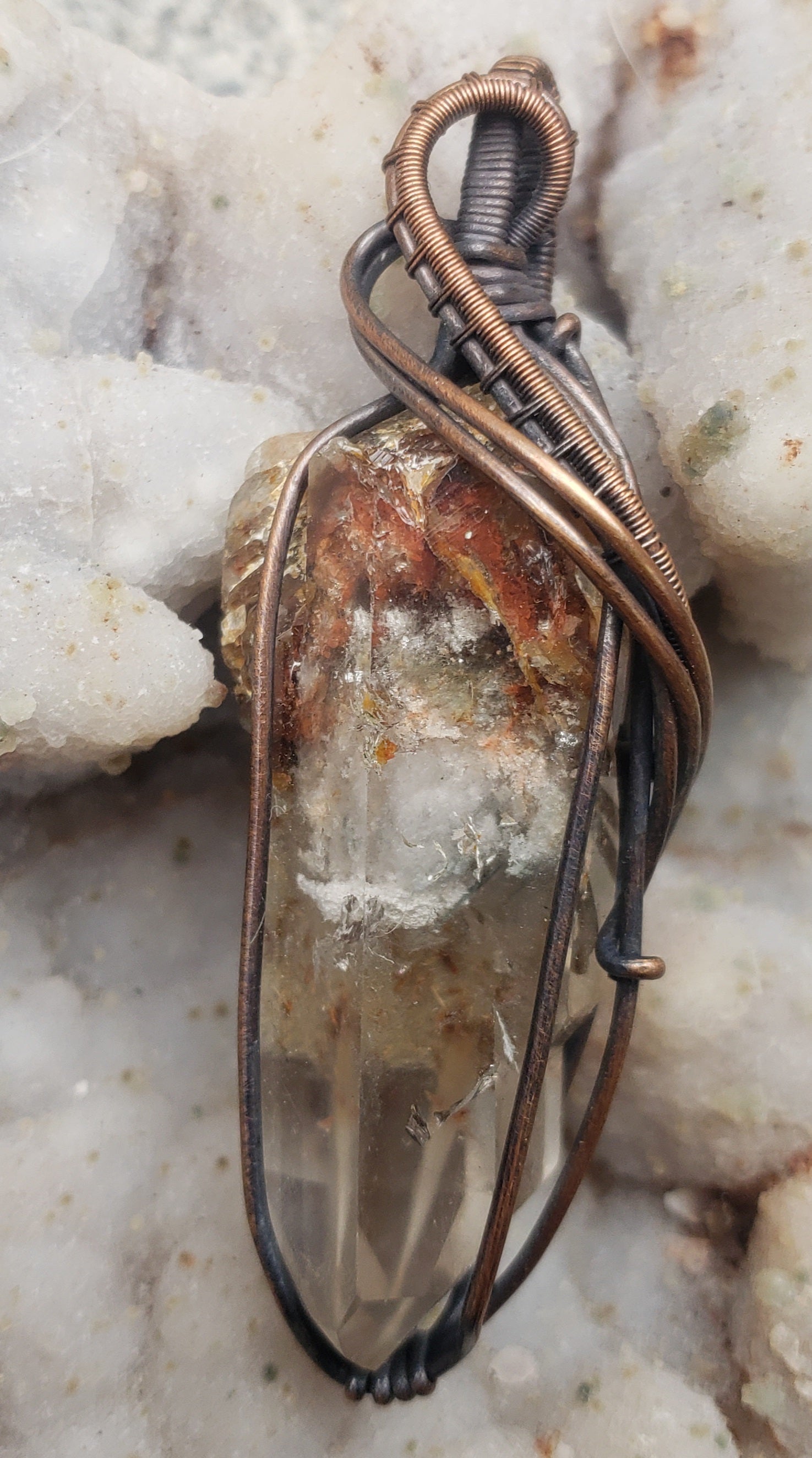 Ampibole inclusion quartz point - wire wrap by designer Kiwa Creations