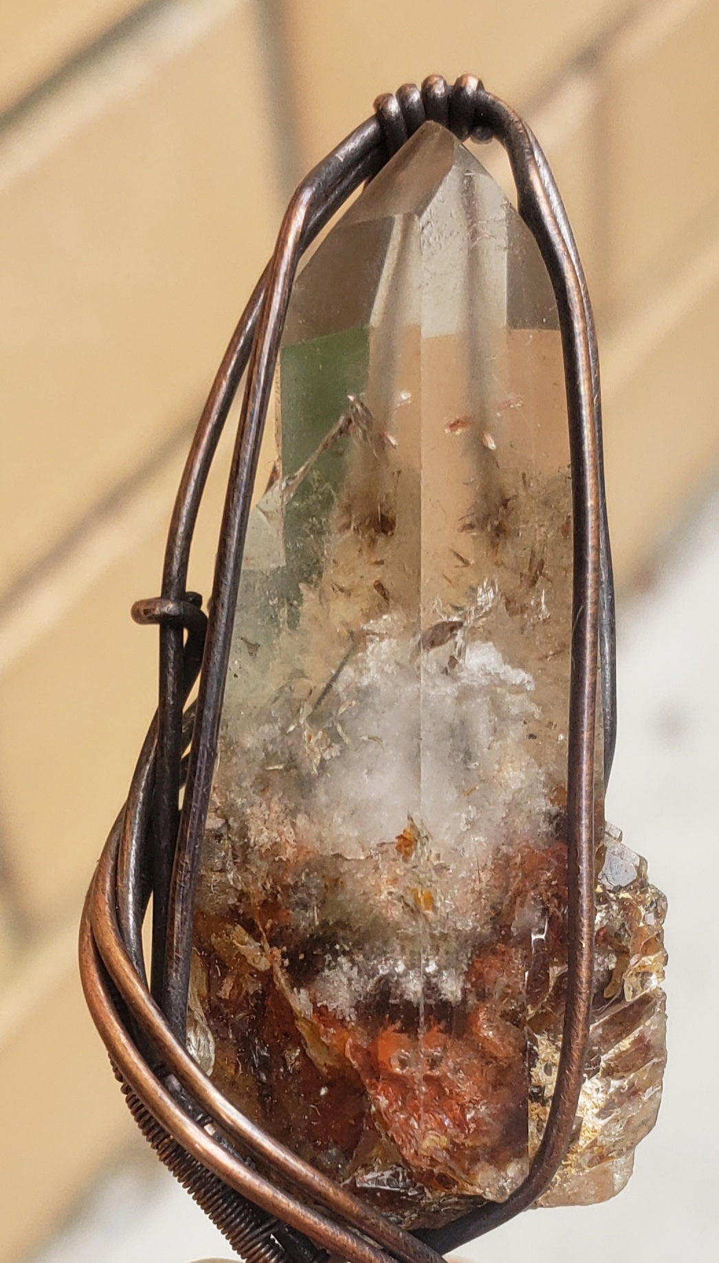 Ampibole inclusion quartz point - wire wrap by designer Kiwa Creations