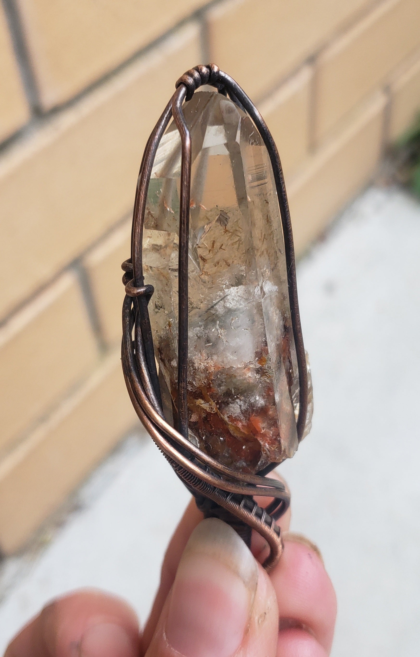 Ampibole inclusion quartz point - wire wrap by designer Kiwa Creations