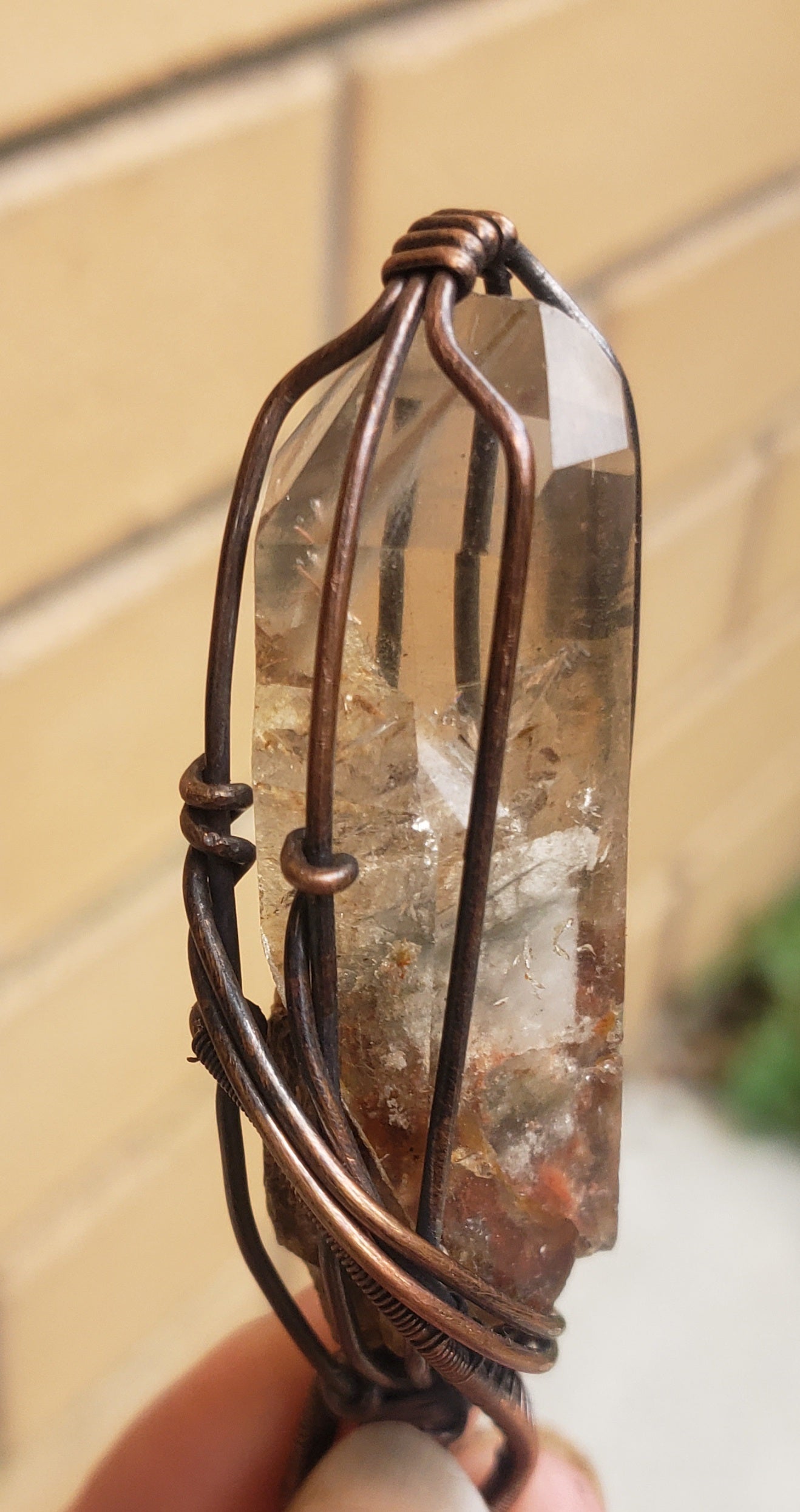 Ampibole inclusion quartz point - wire wrap by designer Kiwa Creations