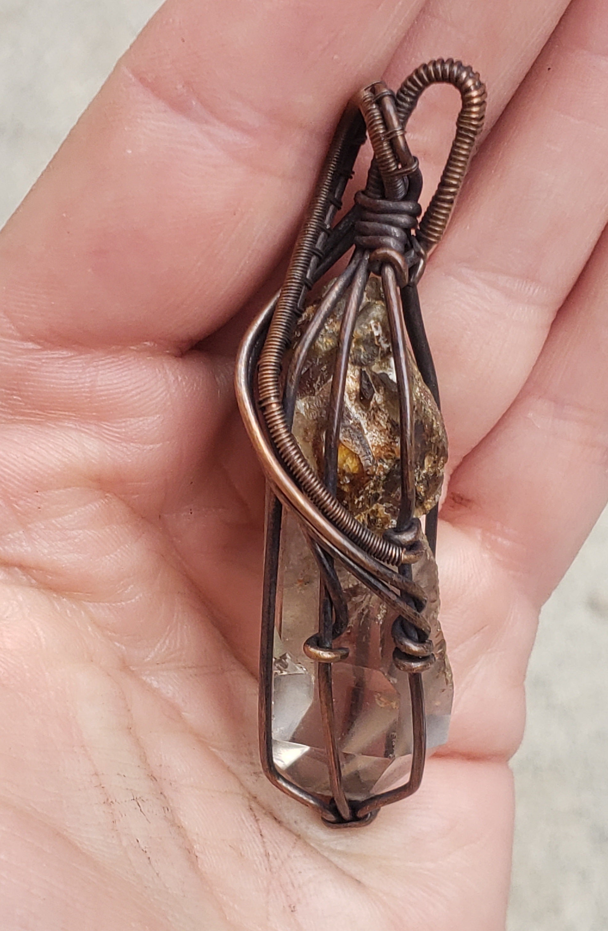 Ampibole inclusion quartz point - wire wrap by designer Kiwa Creations